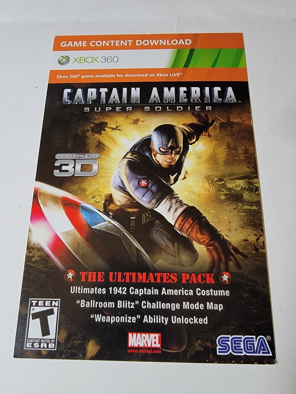 XBOX 360 Captain America Super Soldier Video Game Content Download Insert